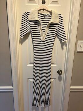 A.L.C. Black and Cream Striped Knit Polo Midi Dress